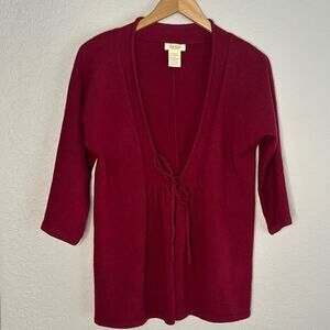 Peck & Peck Cranberry Red Cashmere Wool Sweater Cardigan 3/4 Sleeve Waist Tie